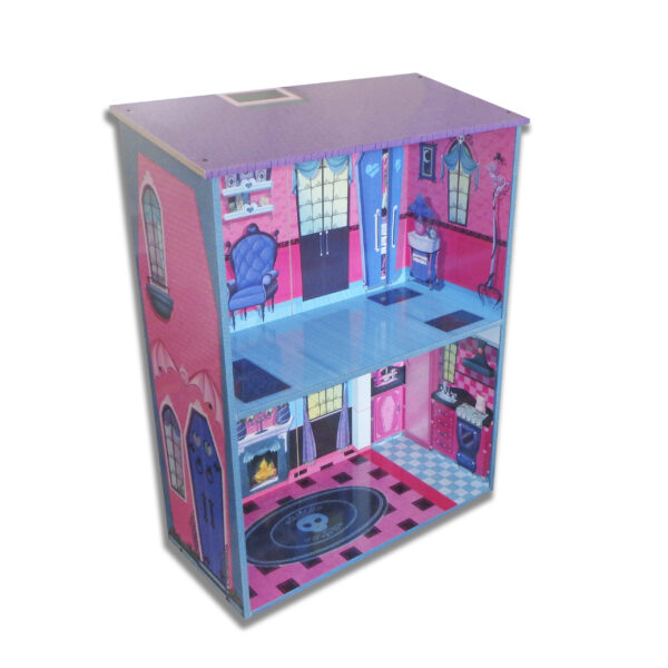 Casa de muñecas de madera con ilustración (Monster House)